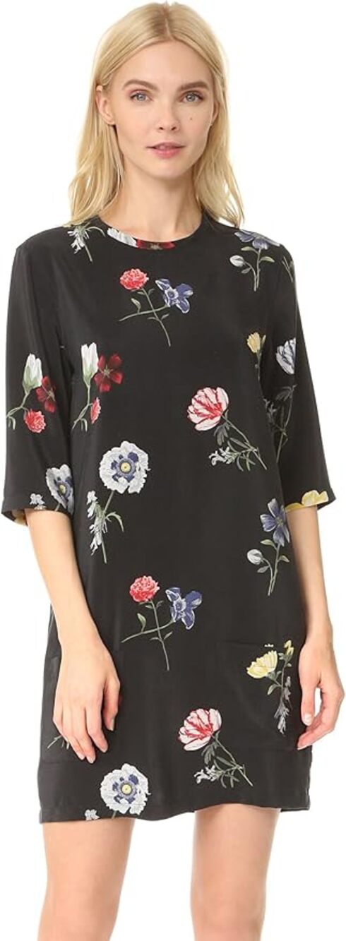 Equipment Femme Aubrey Silk Black Floating Floral Mini Shift Dress, Small